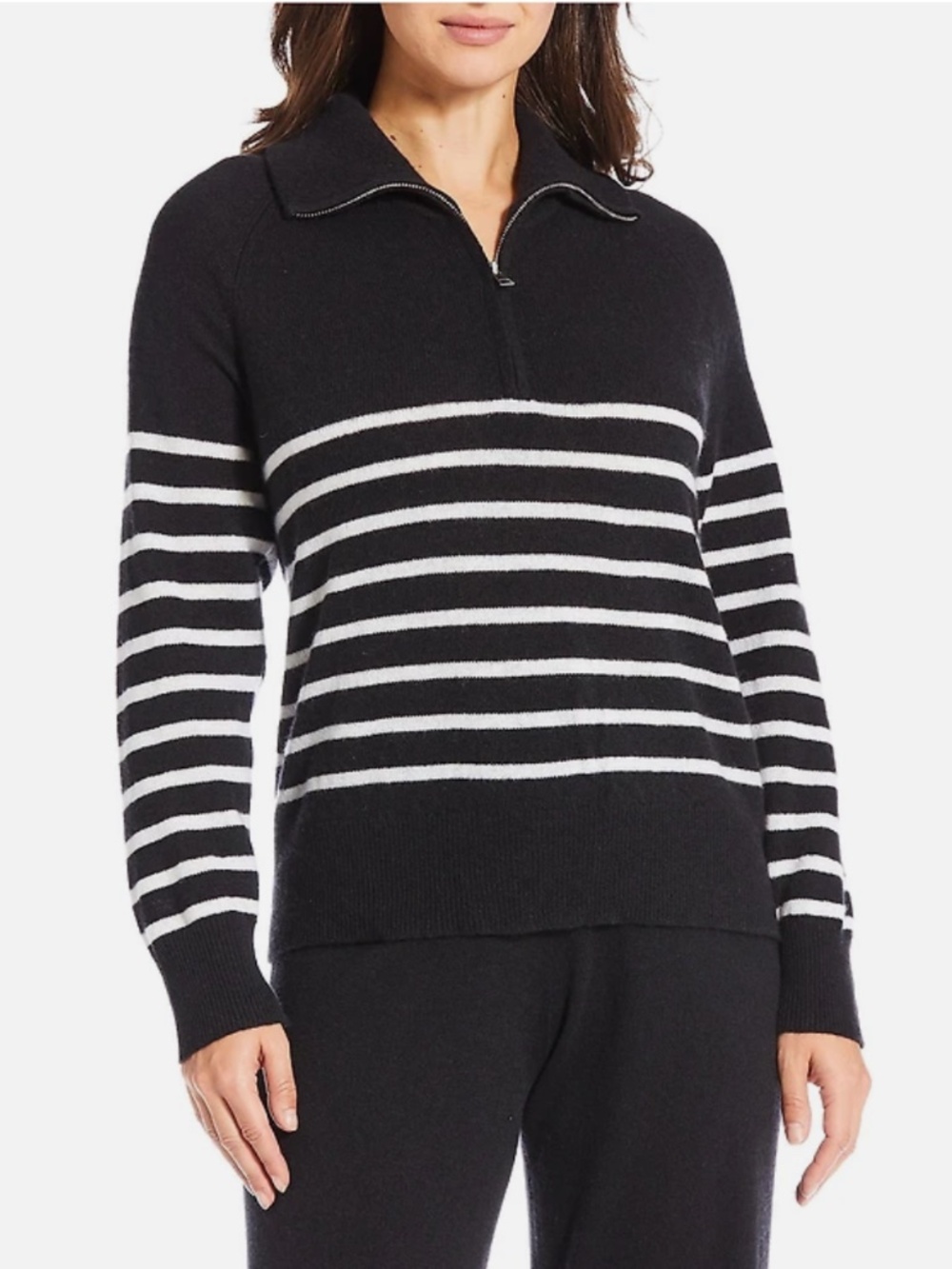 100% Cashmere Antonio Melani Striped Black White Half Zip Abby Sweater L New